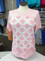 Pink Bleached Aztec Screen Print V Neck Tshirt